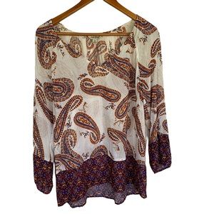 Lucky Brand Boho Paisley Multicolor Long Sleeve Tunic Top V Neck Round Hem M
